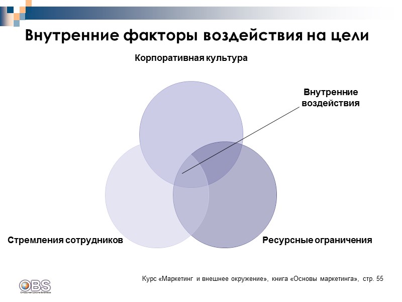 Внутренние факторы воздействия на цели Внутренние воздействия Курс «Маркетинг и внешнее окружение», книга «Основы